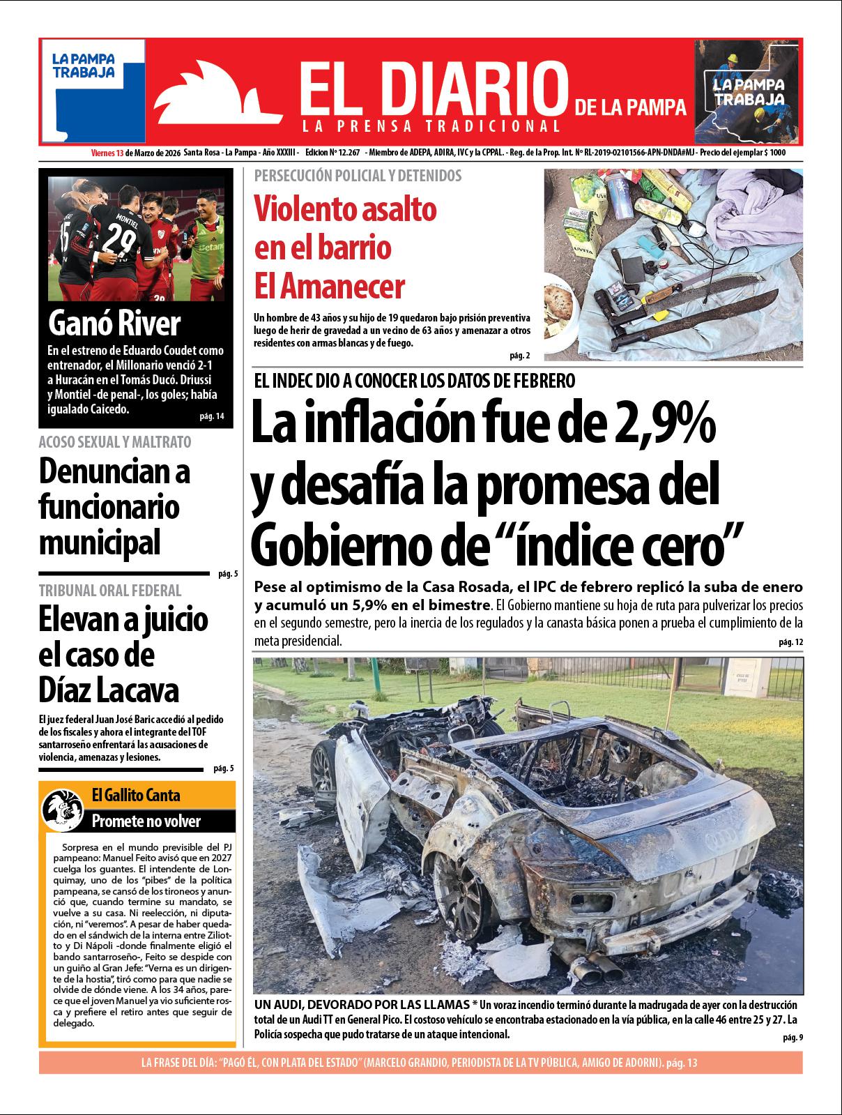 Tapa de El Diario en papel  viernes 13 de marzo de 2026